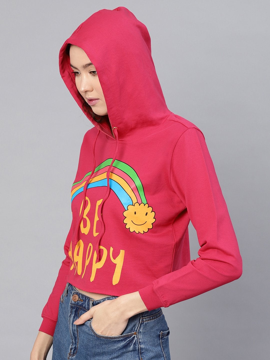 Women's Fuchsia Rainbow Print Crop Hoodie - SASSAFRAS