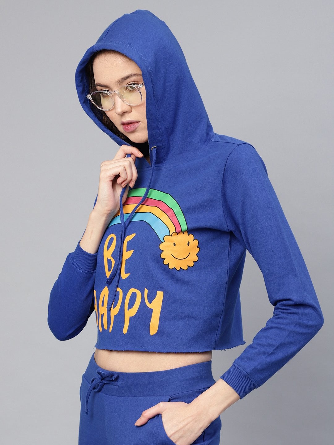 Women's Blue Rainbow Print Crop Hoodie - SASSAFRAS