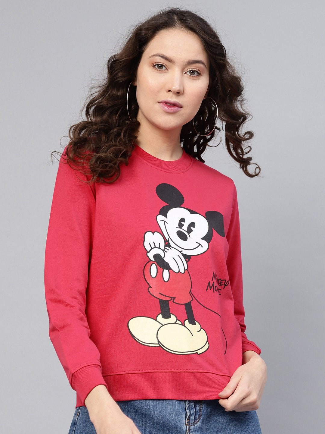 Women's Fuchsia Mickey Mouse Print Sweatshirt - SASSAFRAS