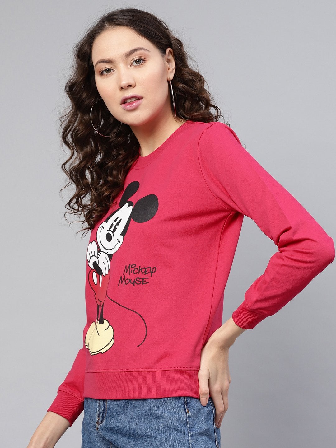 Women's Fuchsia Mickey Mouse Print Sweatshirt - SASSAFRAS