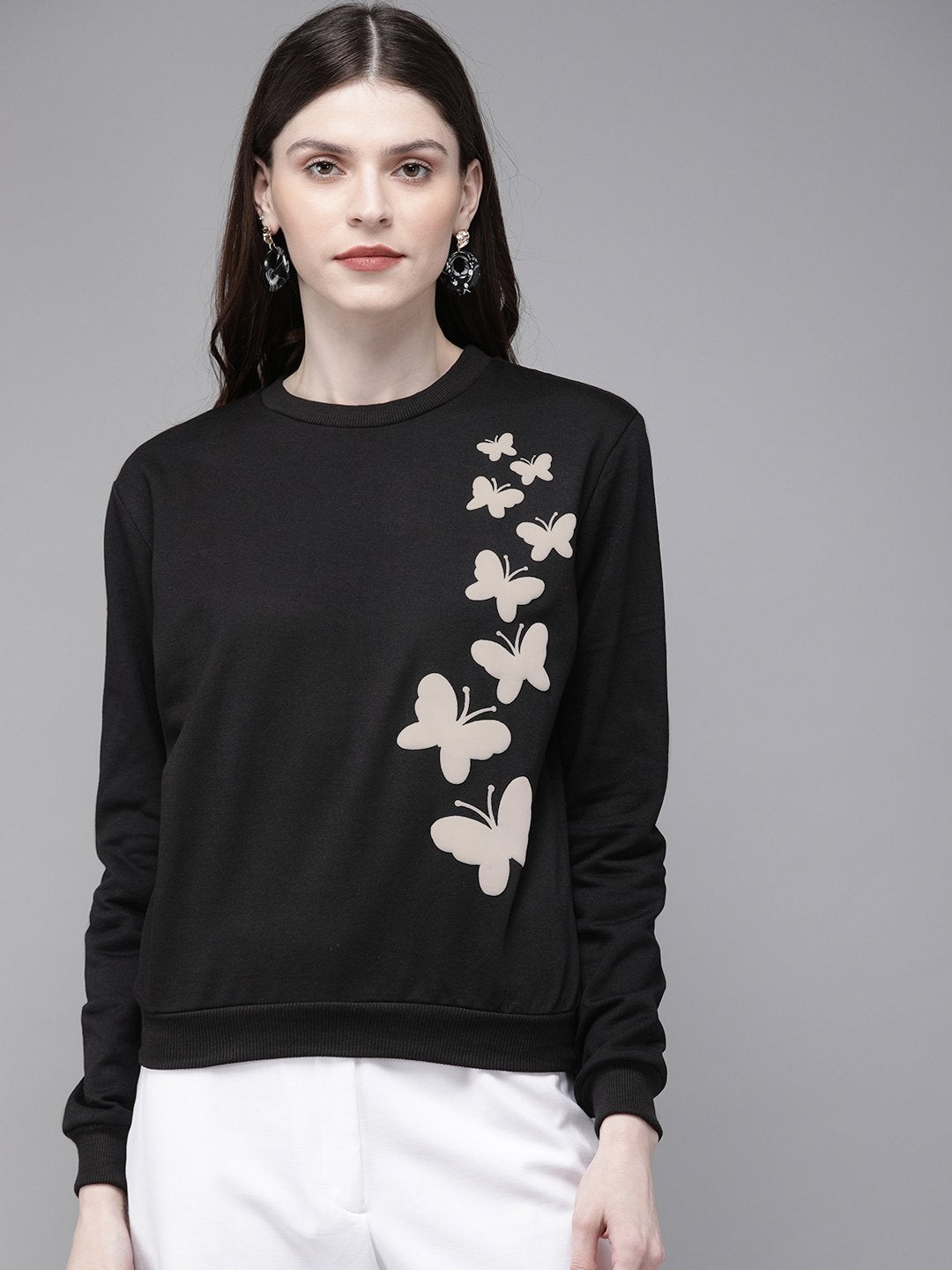 Women's Black Butterfly Print Sweatshirt - SASSAFRAS