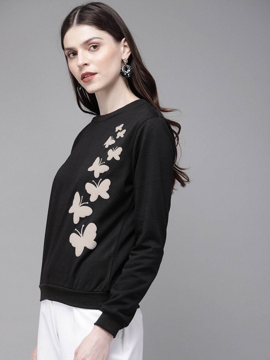 Women's Black Butterfly Print Sweatshirt - SASSAFRAS