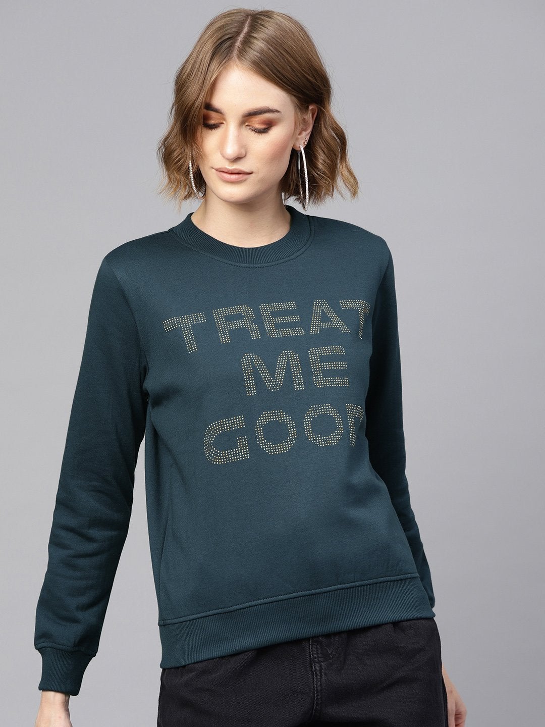 Women's Teal Front Studded Sweatshirt - SASSAFRAS