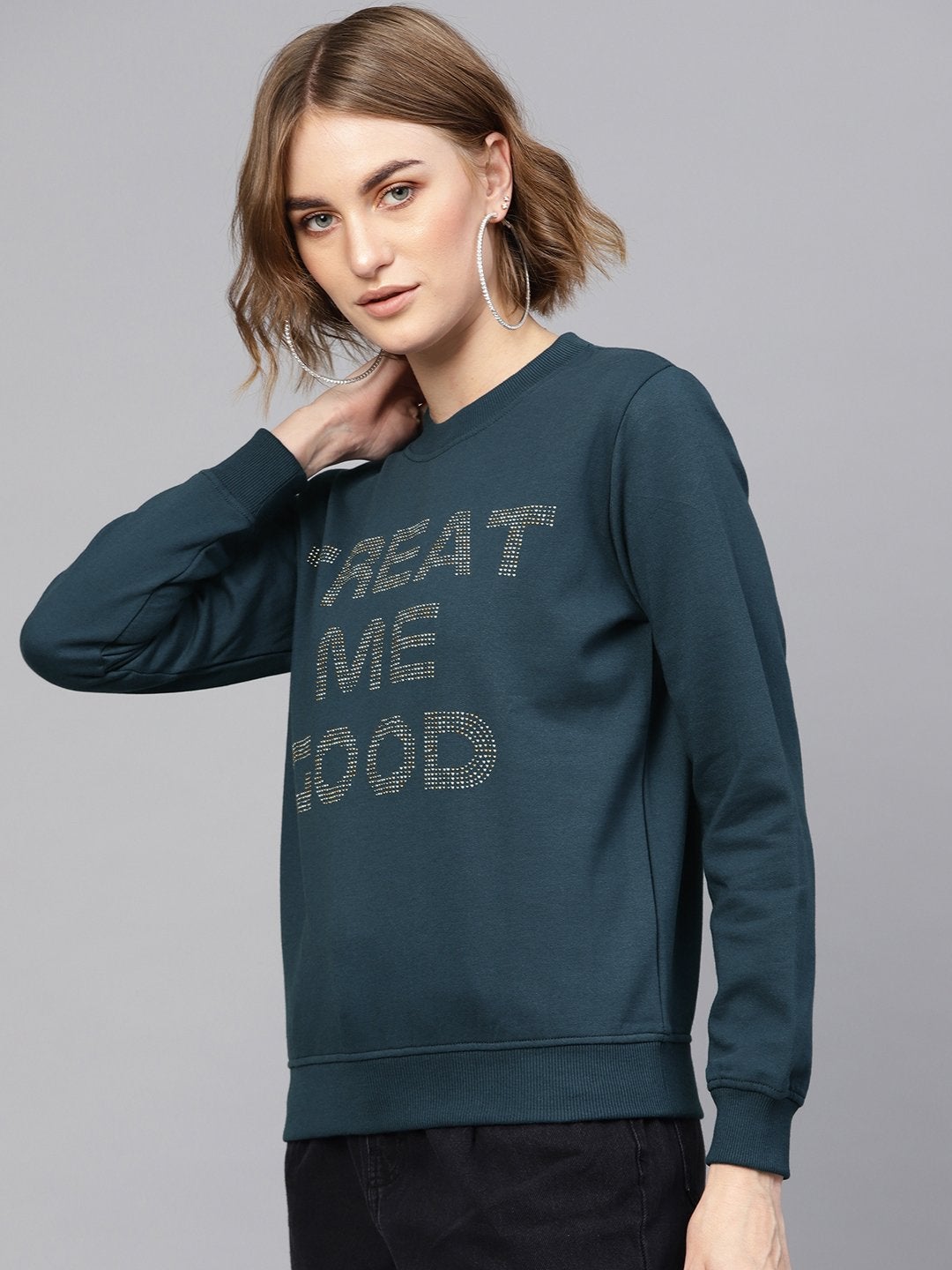 Women's Teal Front Studded Sweatshirt - SASSAFRAS