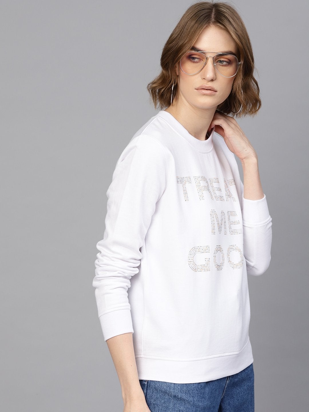 Women's White Front Studded Sweatshirt - SASSAFRAS