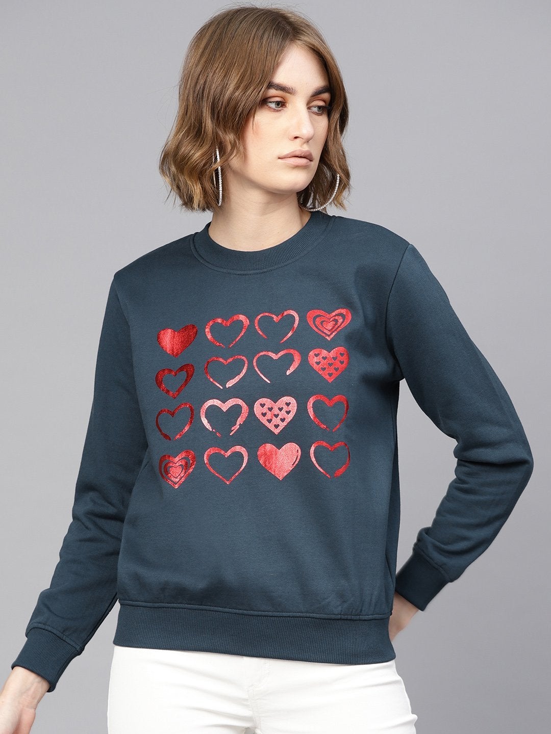 Women's Teal Heart Foil Print Sweatshirt - SASSAFRAS