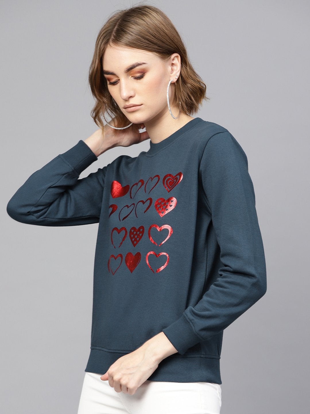 Women's Teal Heart Foil Print Sweatshirt - SASSAFRAS