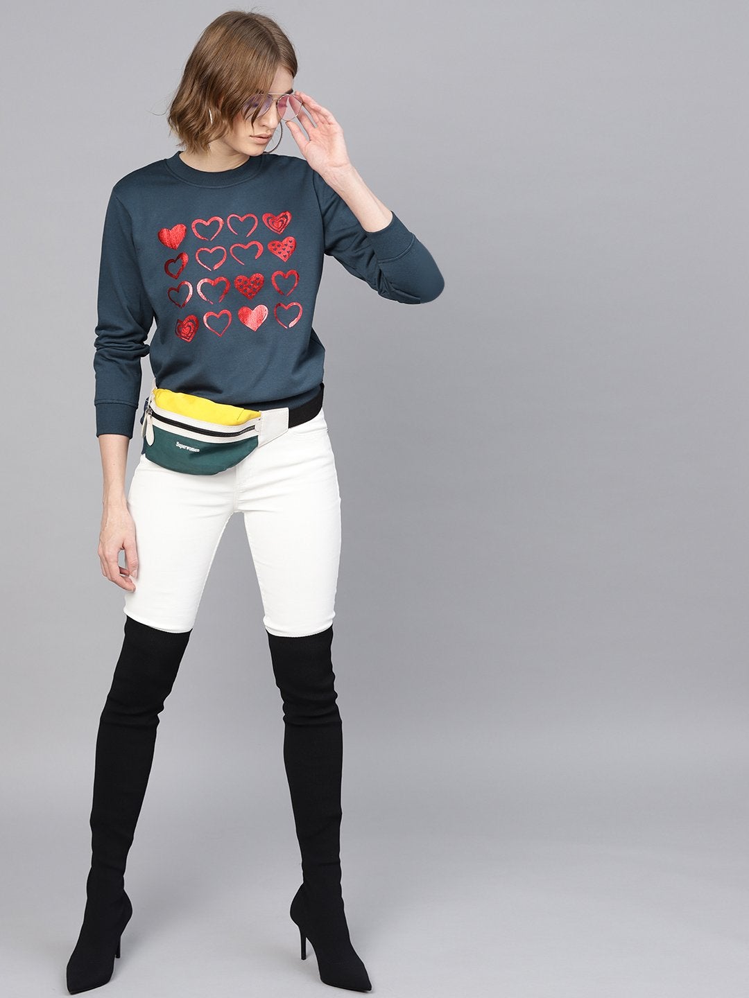 Women's Teal Heart Foil Print Sweatshirt - SASSAFRAS