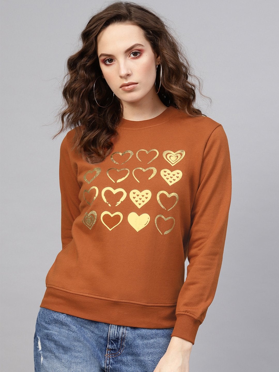 Women's Brown Heart Foil Print Sweatshirt - SASSAFRAS