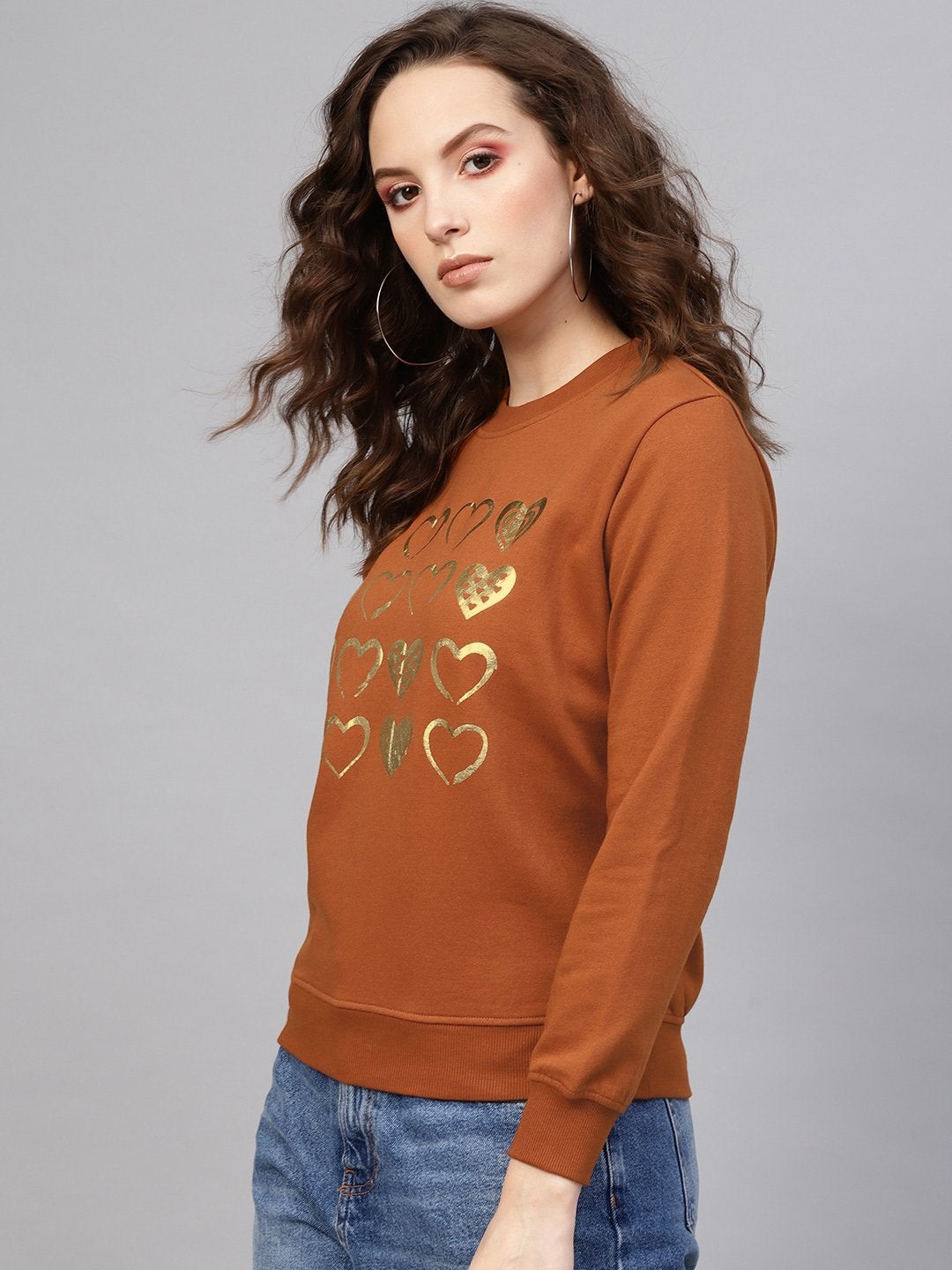 Women's Brown Heart Foil Print Sweatshirt - SASSAFRAS