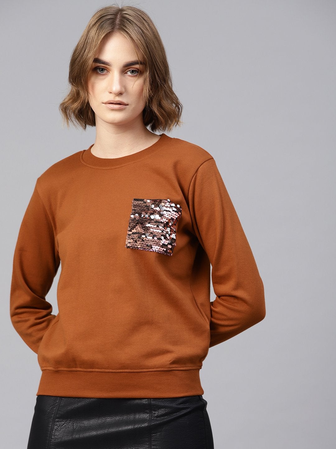 Women's Brown Sequin Pocket Detail Sweatshirt - SASSAFRAS