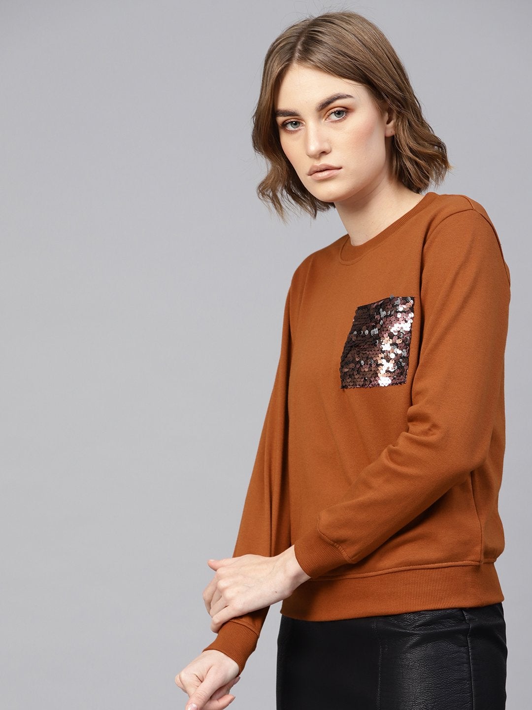 Women's Brown Sequin Pocket Detail Sweatshirt - SASSAFRAS