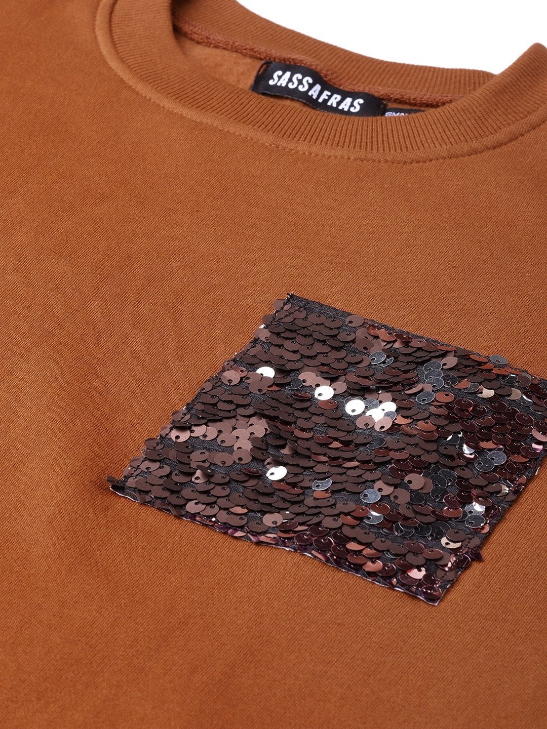 Women's Brown Sequin Pocket Detail Sweatshirt - SASSAFRAS