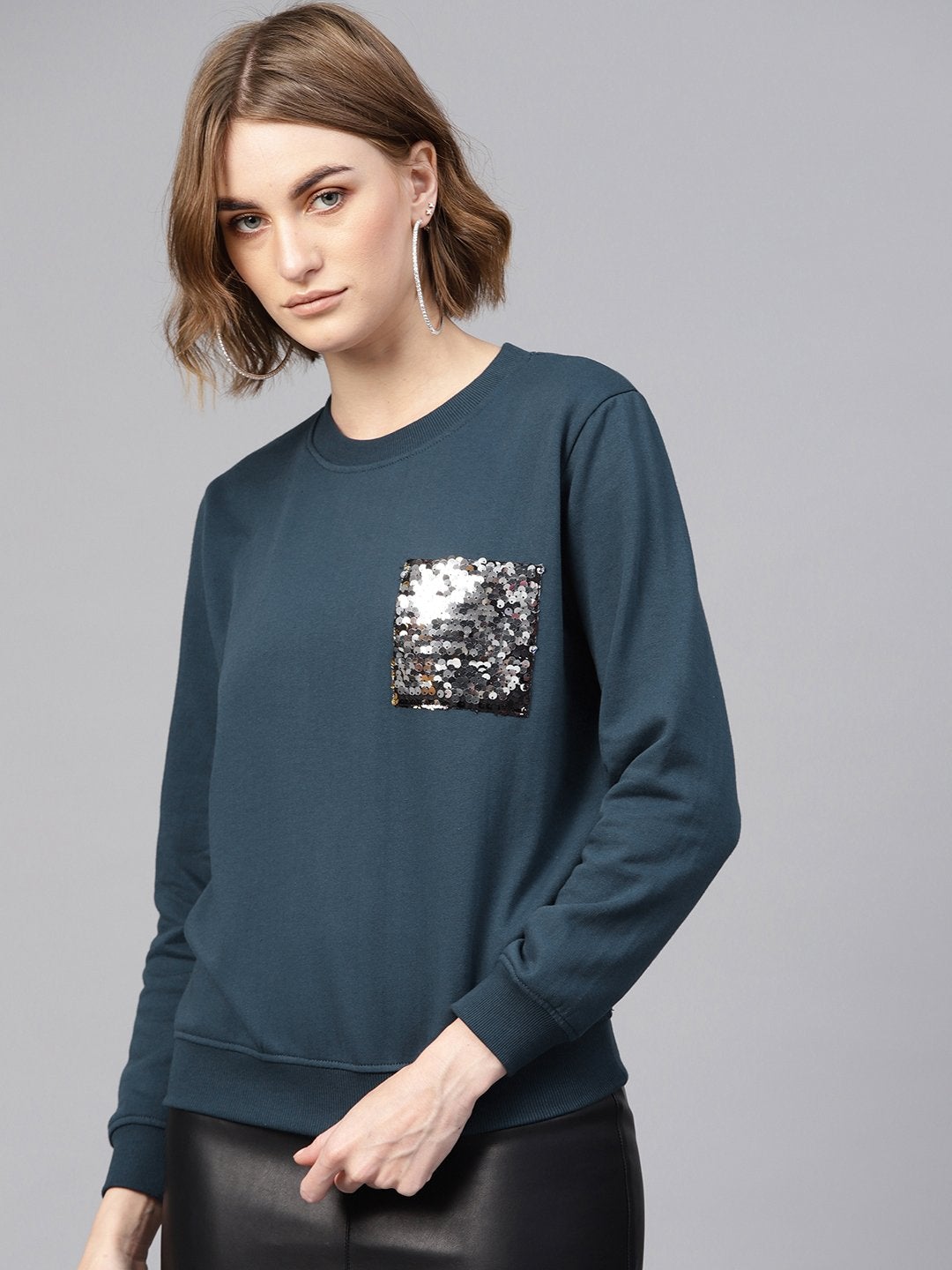 Women's Teal Sequin Pocket Detail Sweatshirt - SASSAFRAS