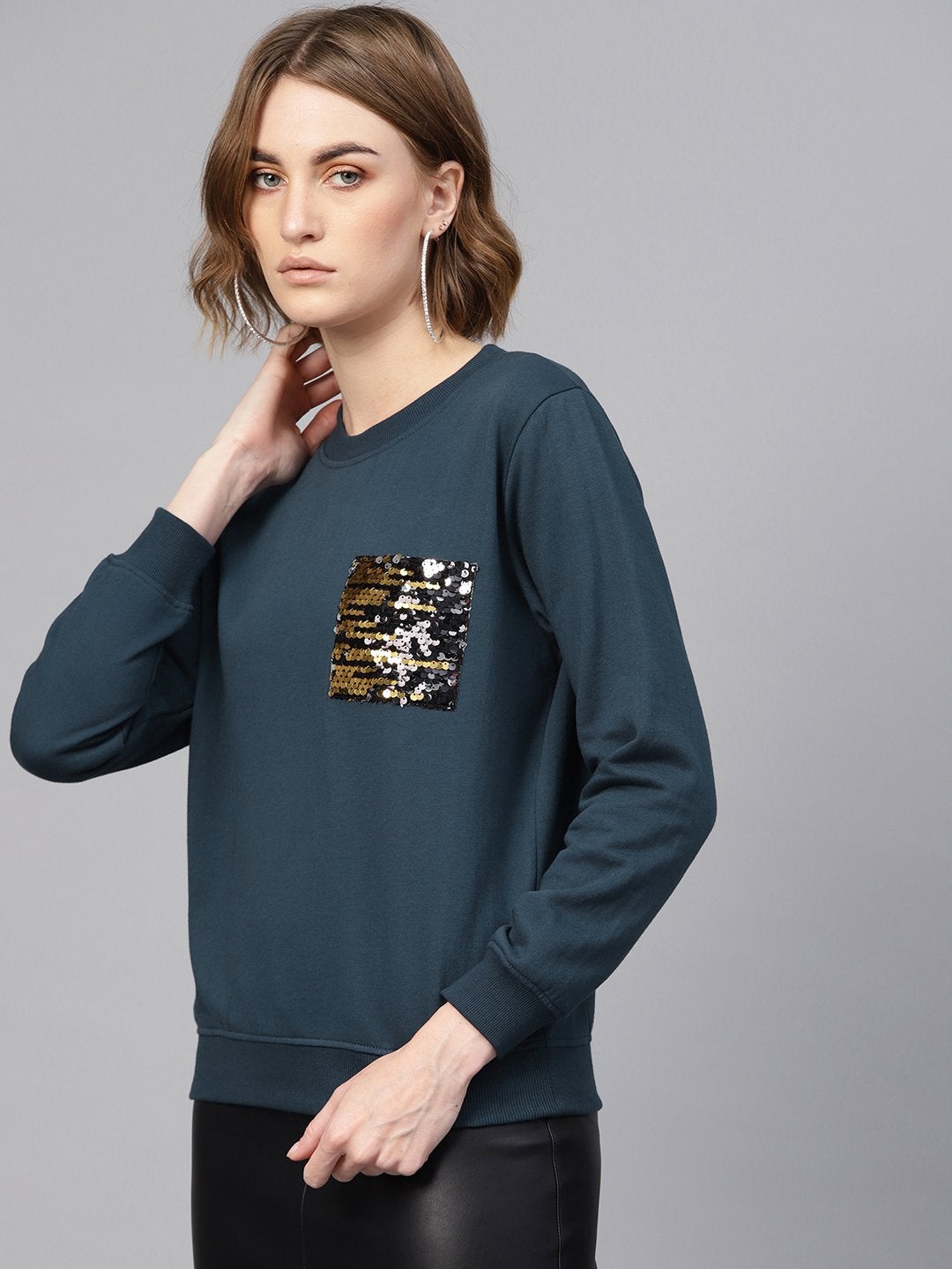 Women's Teal Sequin Pocket Detail Sweatshirt - SASSAFRAS