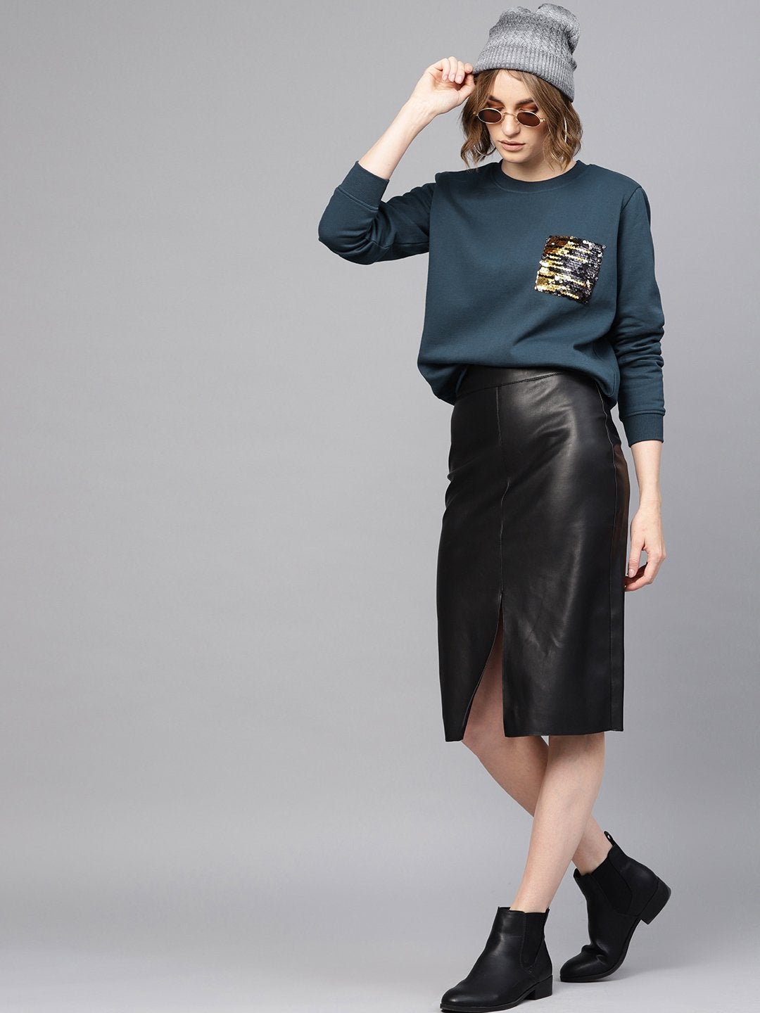 Women's Teal Sequin Pocket Detail Sweatshirt - SASSAFRAS