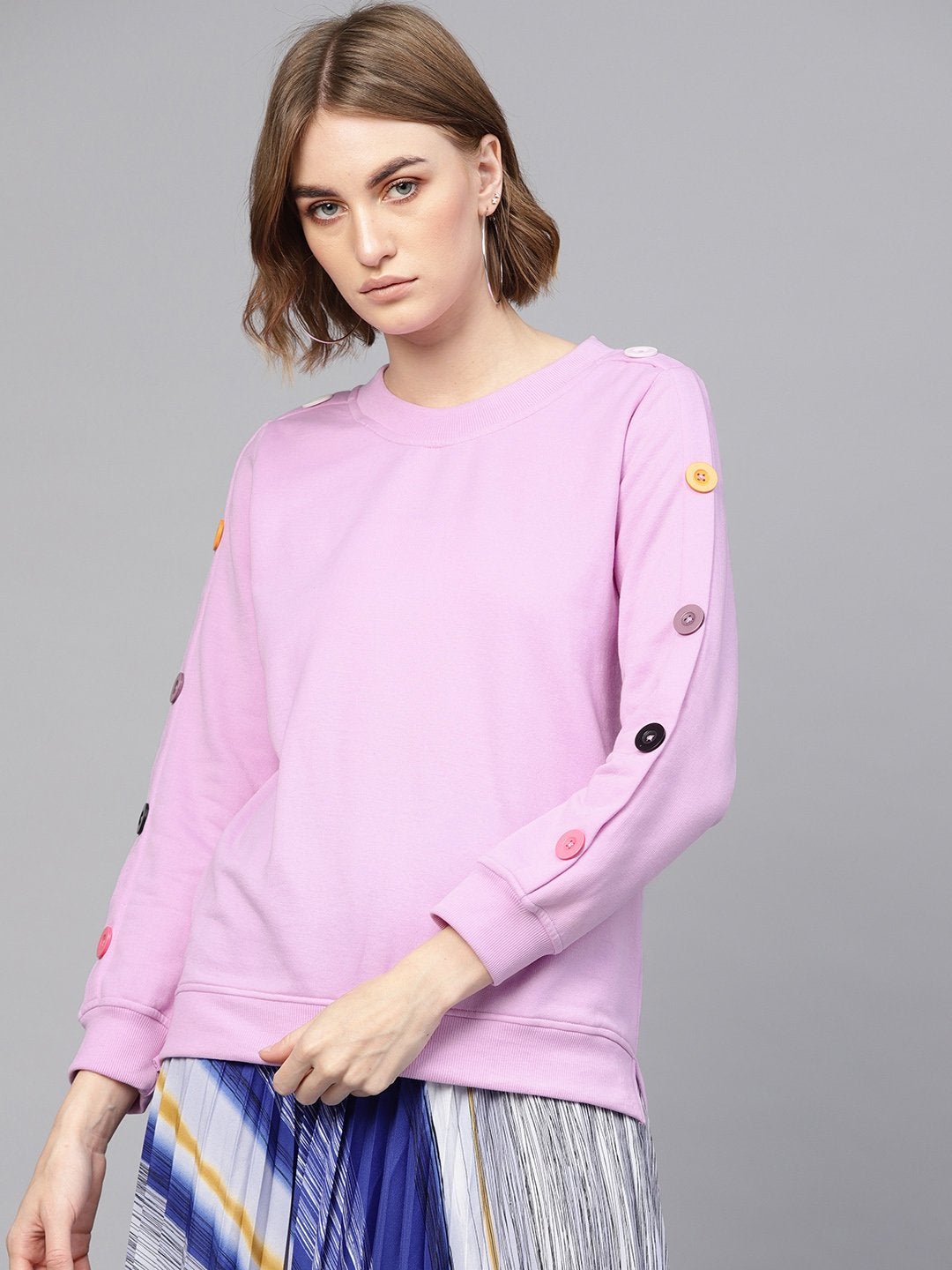 Women's Lavender Button On Sleeves Sweatshirt - SASSAFRAS