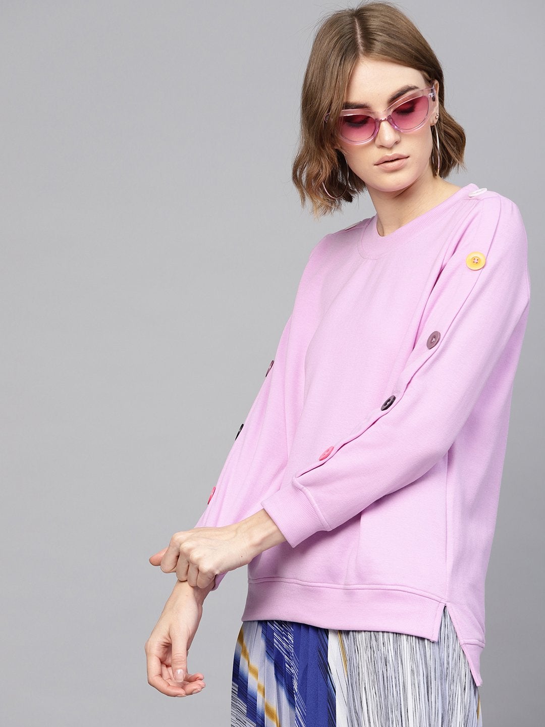 Women's Lavender Button On Sleeves Sweatshirt - SASSAFRAS