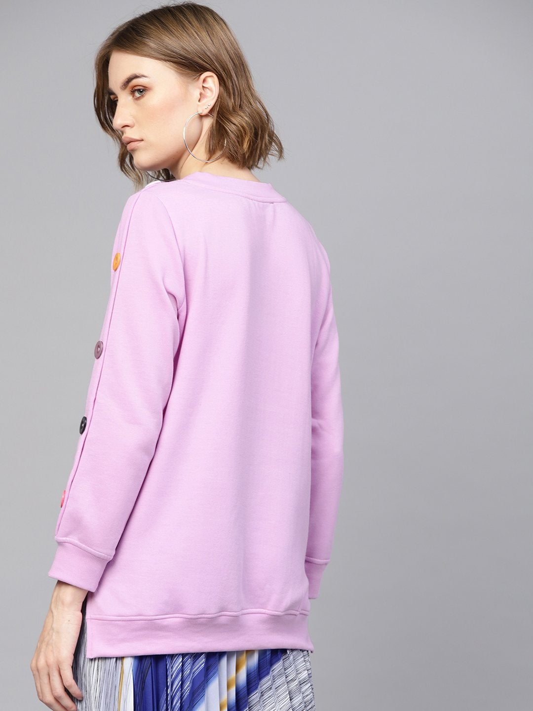 Women's Lavender Button On Sleeves Sweatshirt - SASSAFRAS