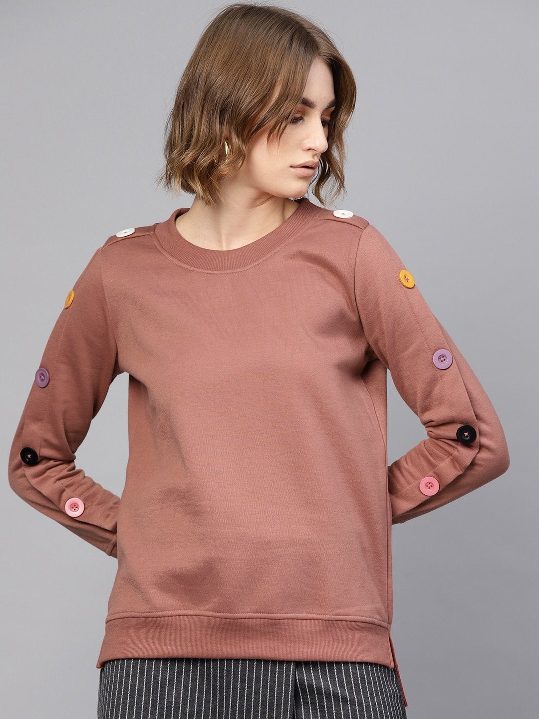 Women's Dusty Pink Button On Sleeves Sweatshirt - SASSAFRAS