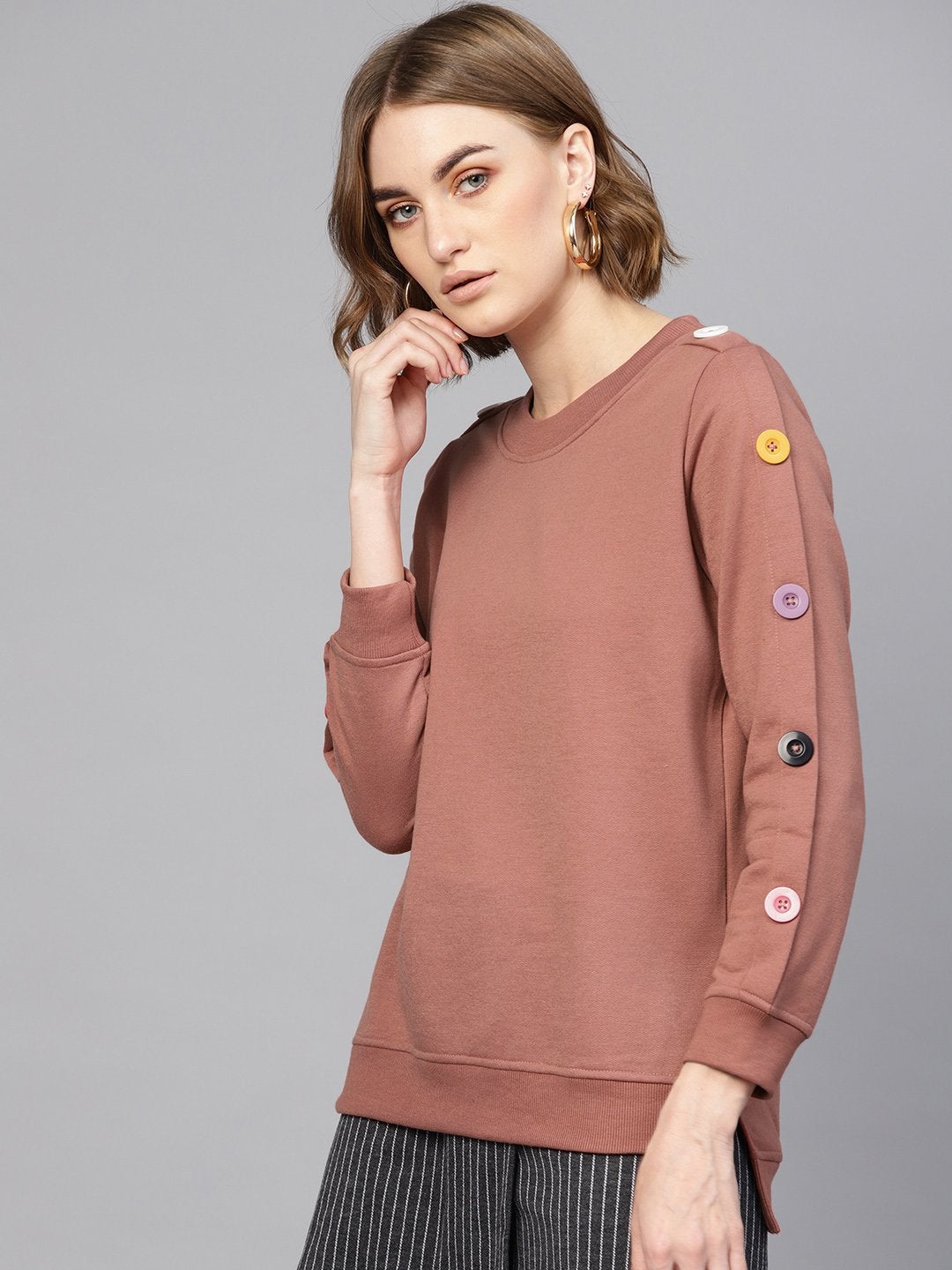 Women's Dusty Pink Button On Sleeves Sweatshirt - SASSAFRAS