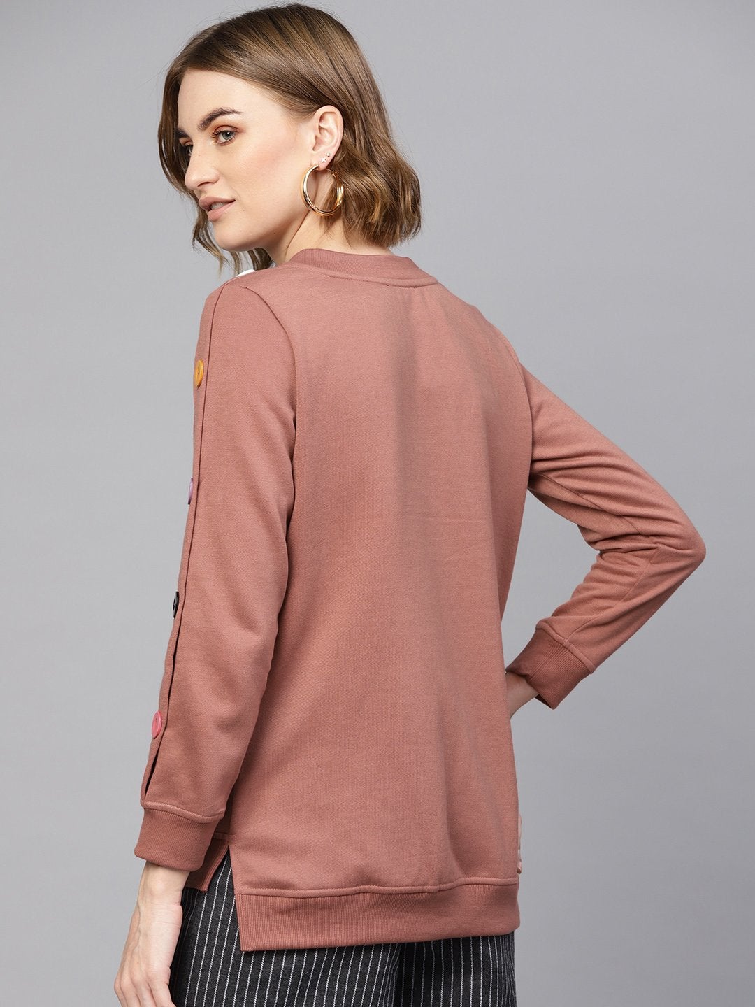 Women's Dusty Pink Button On Sleeves Sweatshirt - SASSAFRAS