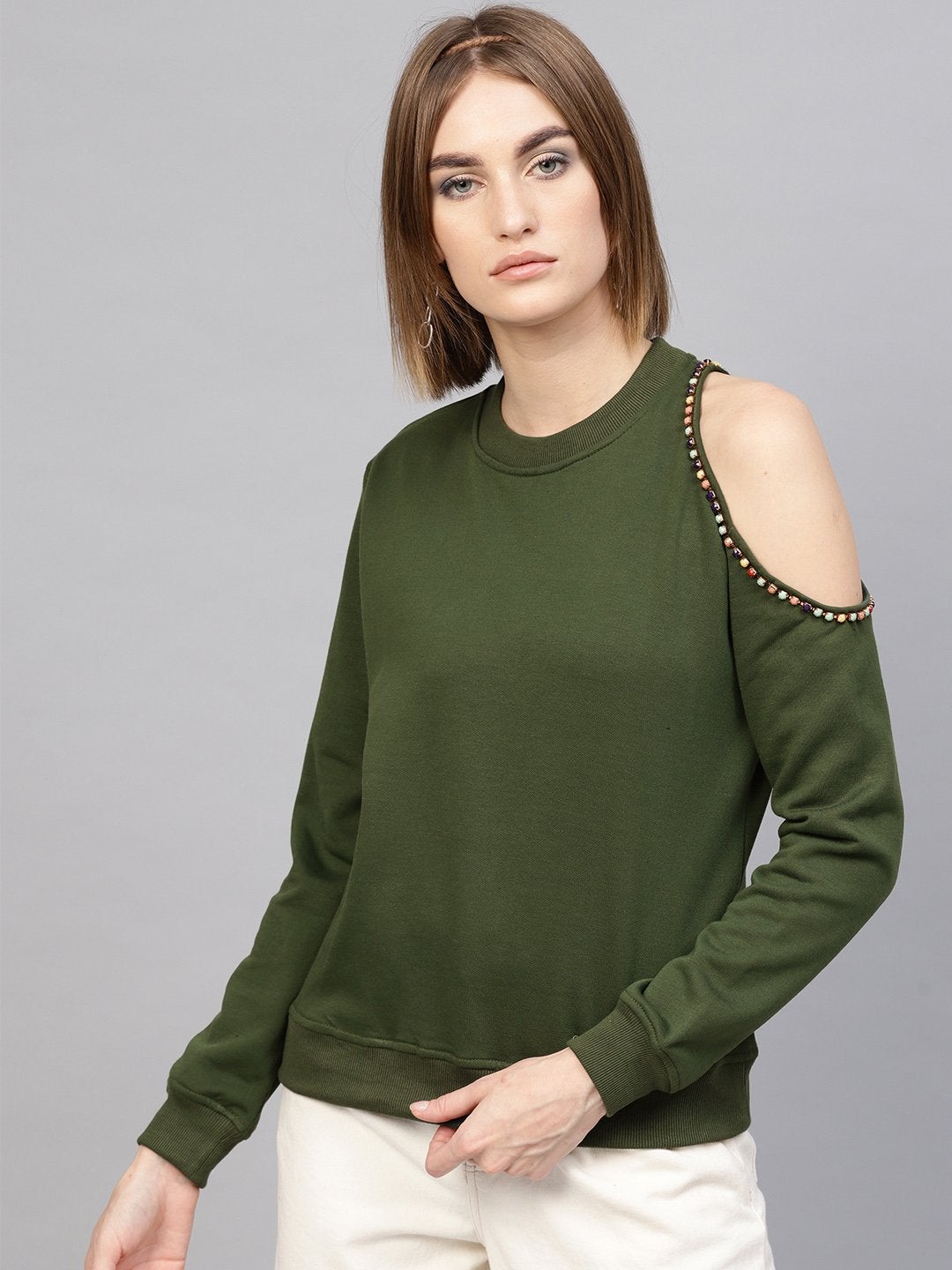 Women's Olive One Cold Shoulder Sweatshirt - SASSAFRAS