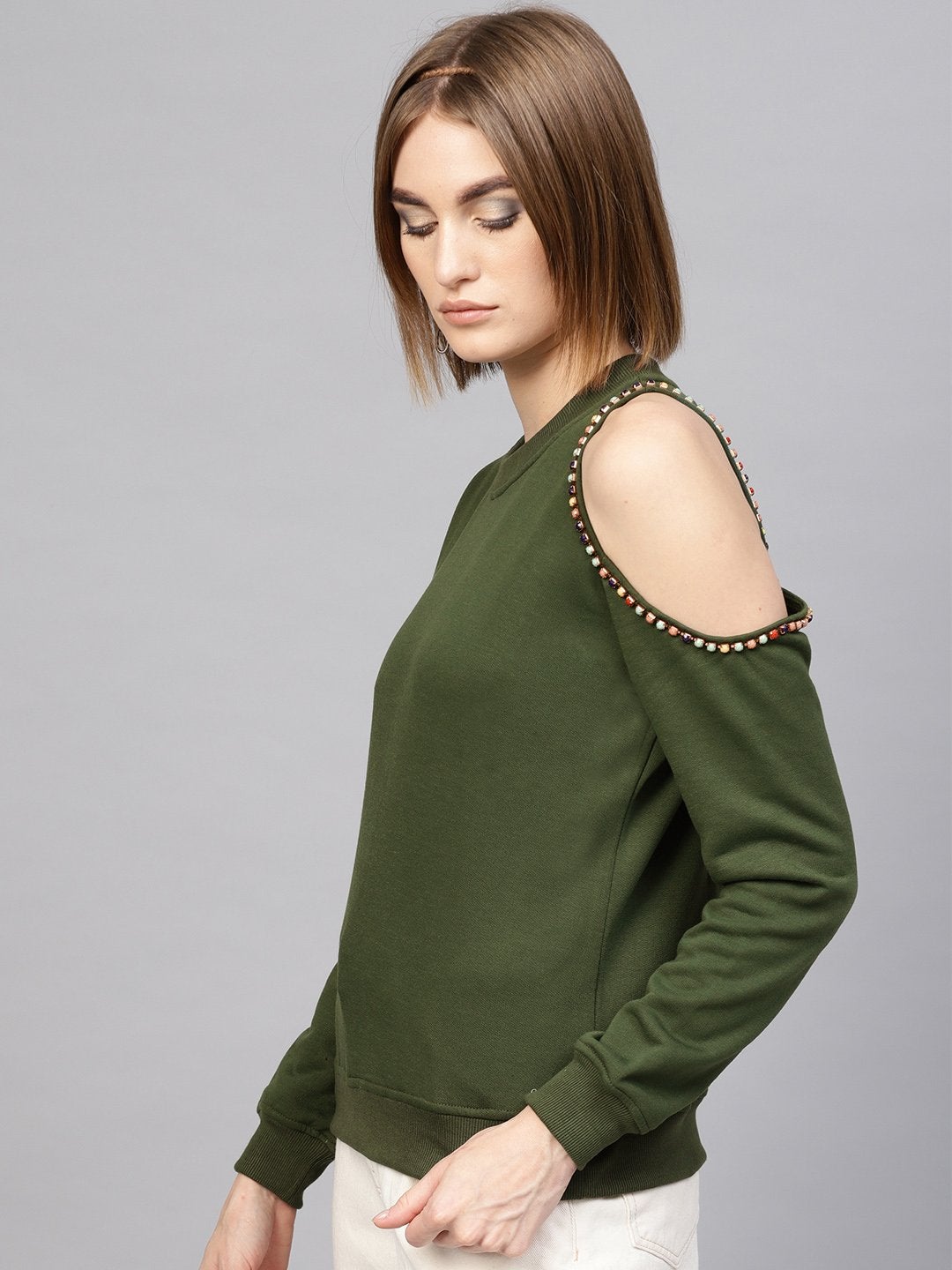 Women's Olive One Cold Shoulder Sweatshirt - SASSAFRAS