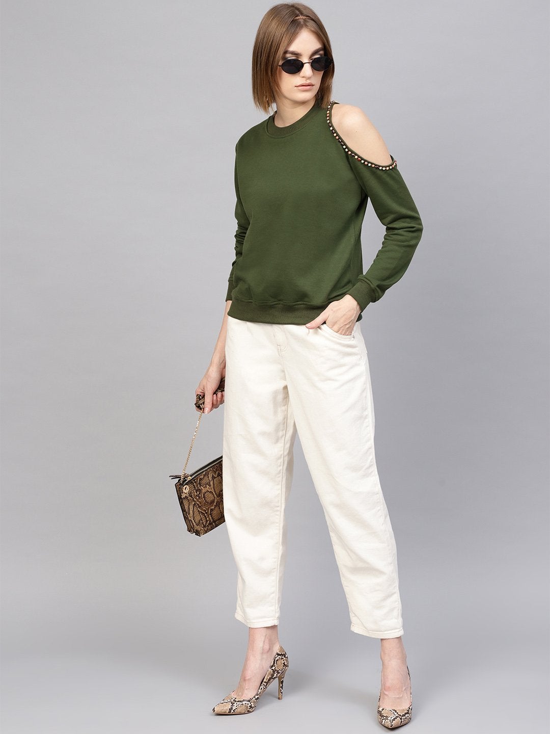 Women's Olive One Cold Shoulder Sweatshirt - SASSAFRAS