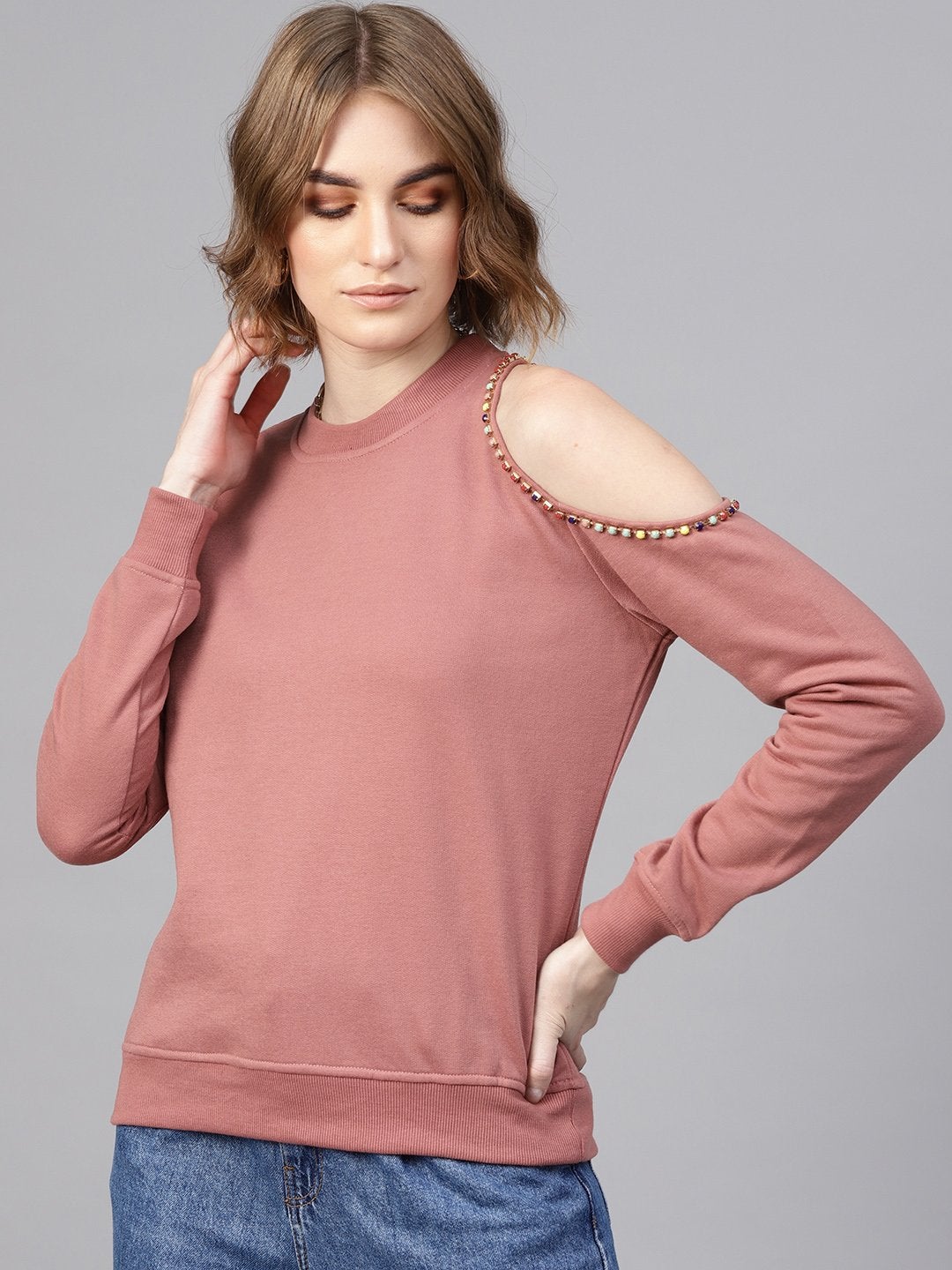 Women's Dusty Pink One Cold Shoulder Sweatshirt - SASSAFRAS