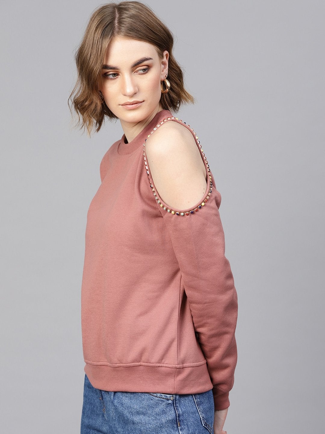 Women's Dusty Pink One Cold Shoulder Sweatshirt - SASSAFRAS