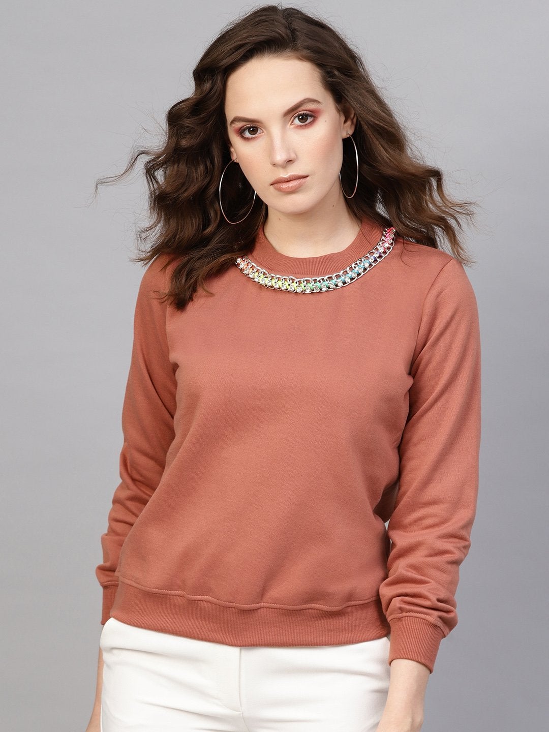 Women's Dusty Pink Neck Trim Sweatshirt - SASSAFRAS