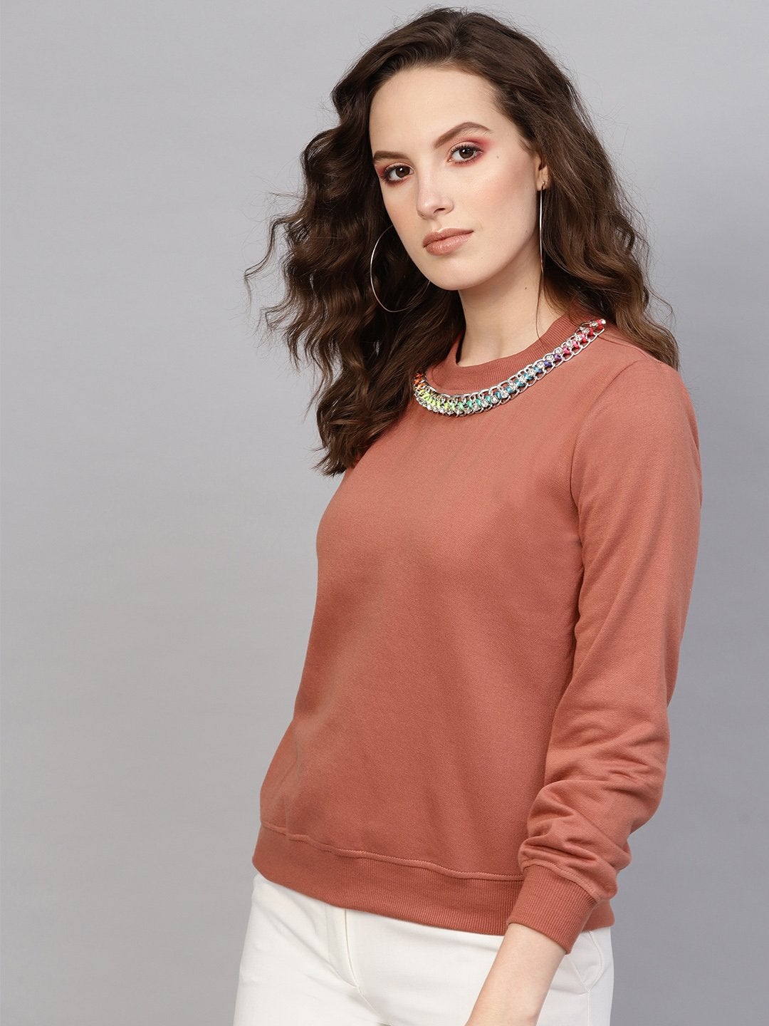 Women's Dusty Pink Neck Trim Sweatshirt - SASSAFRAS