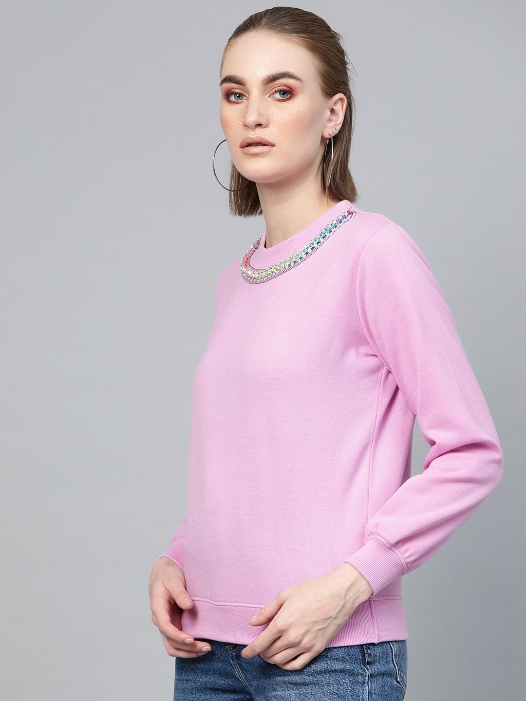 Women's Lavender Neck Trim Sweatshirt - SASSAFRAS