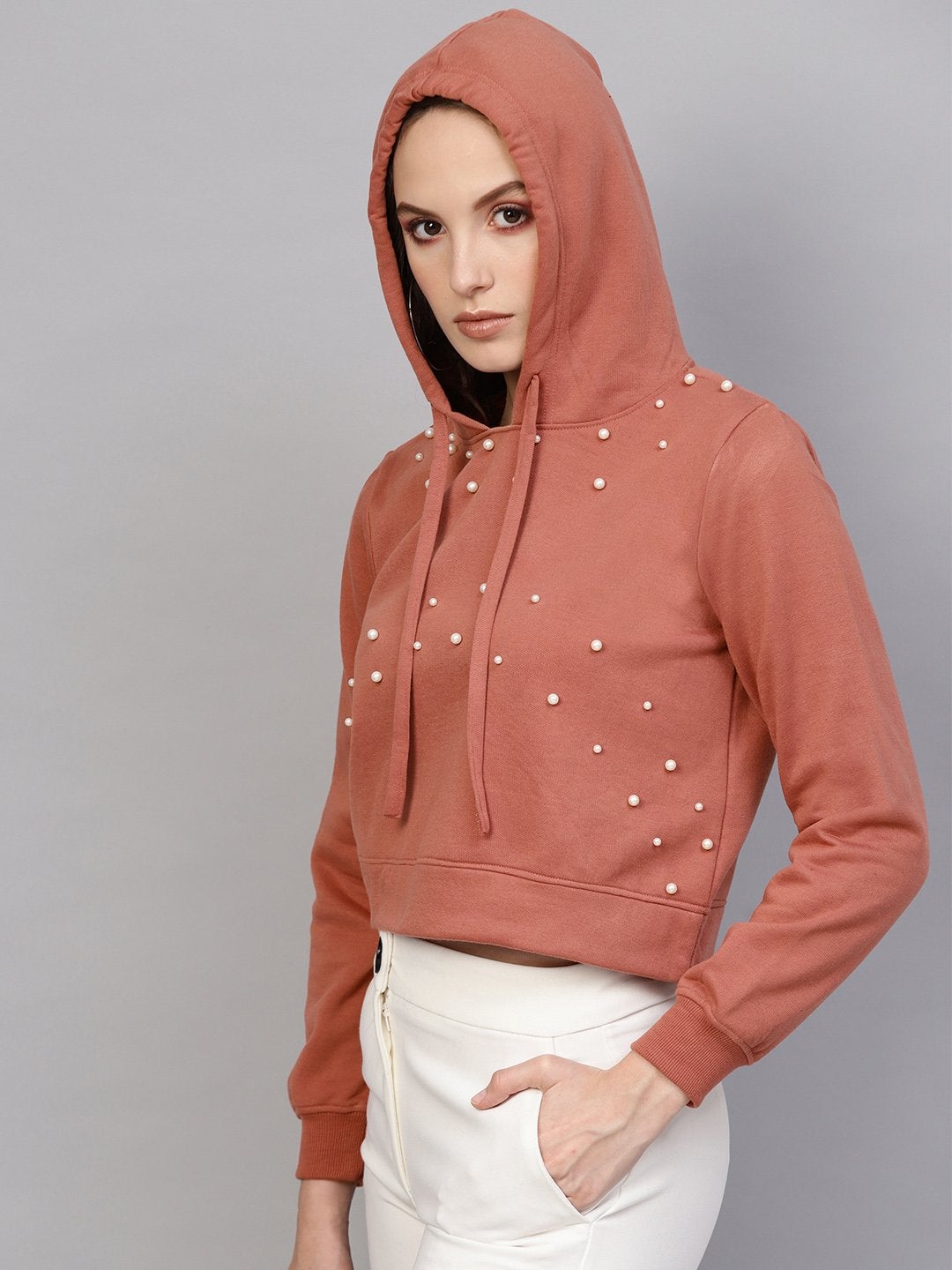 Women's Dusty Pink Pearl Front Crop Hoodie - SASSAFRAS