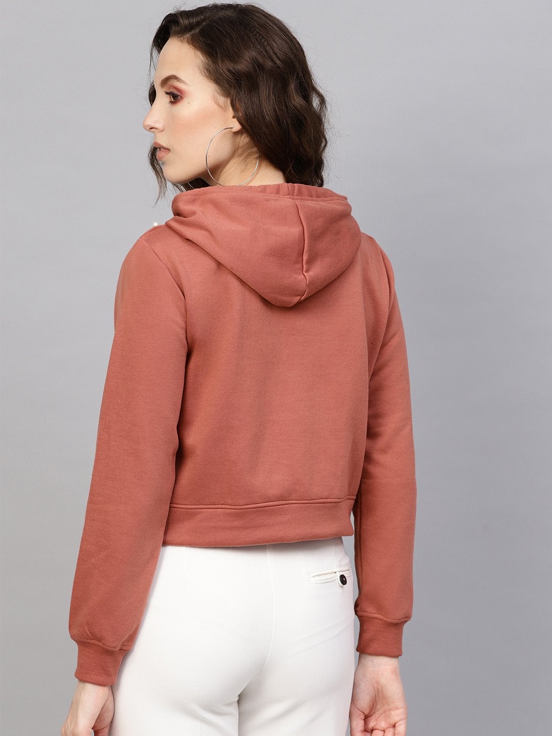 Women's Dusty Pink Pearl Front Crop Hoodie - SASSAFRAS