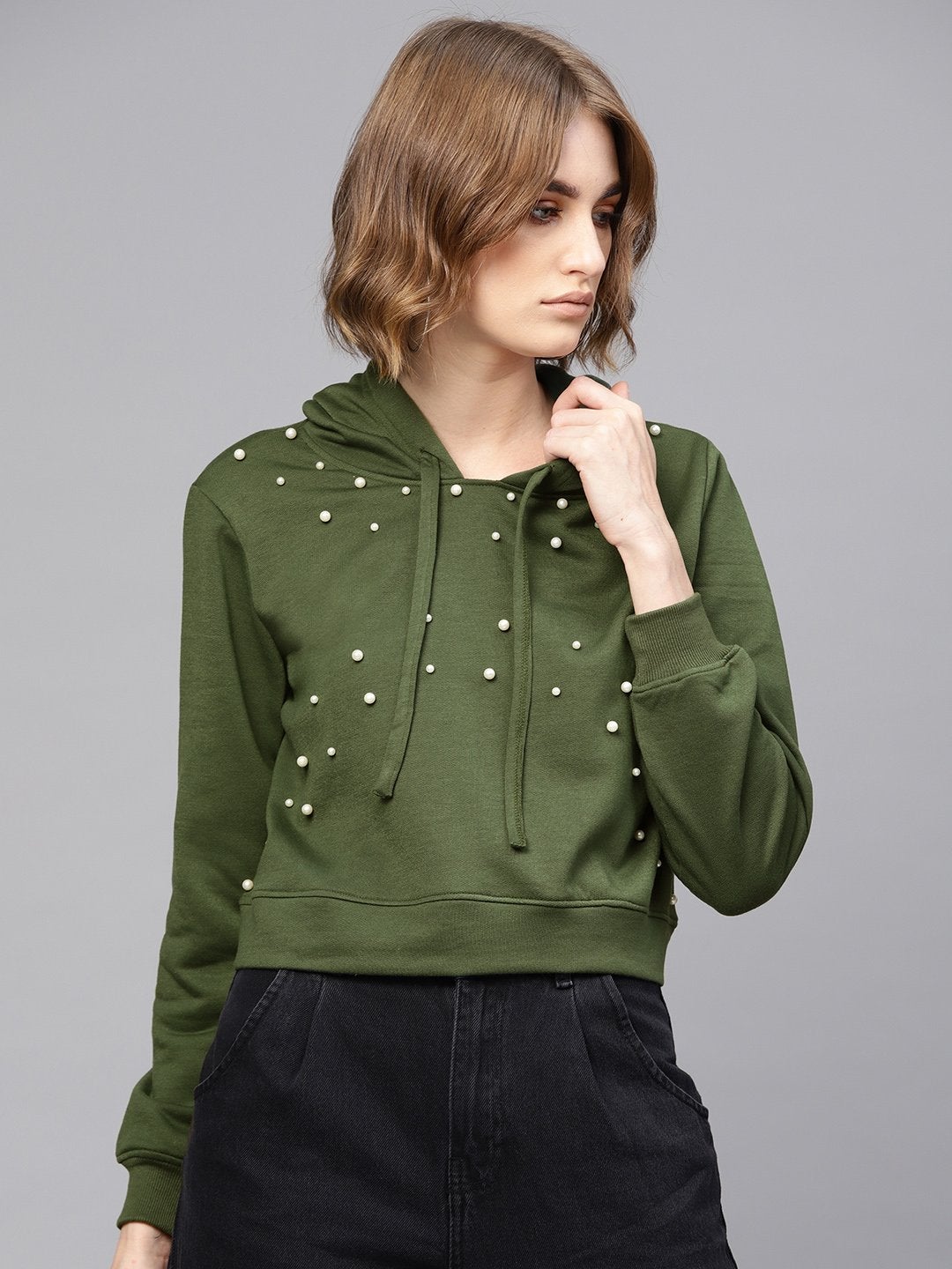 Women's Olive Pearl Front Crop Hoodie - SASSAFRAS