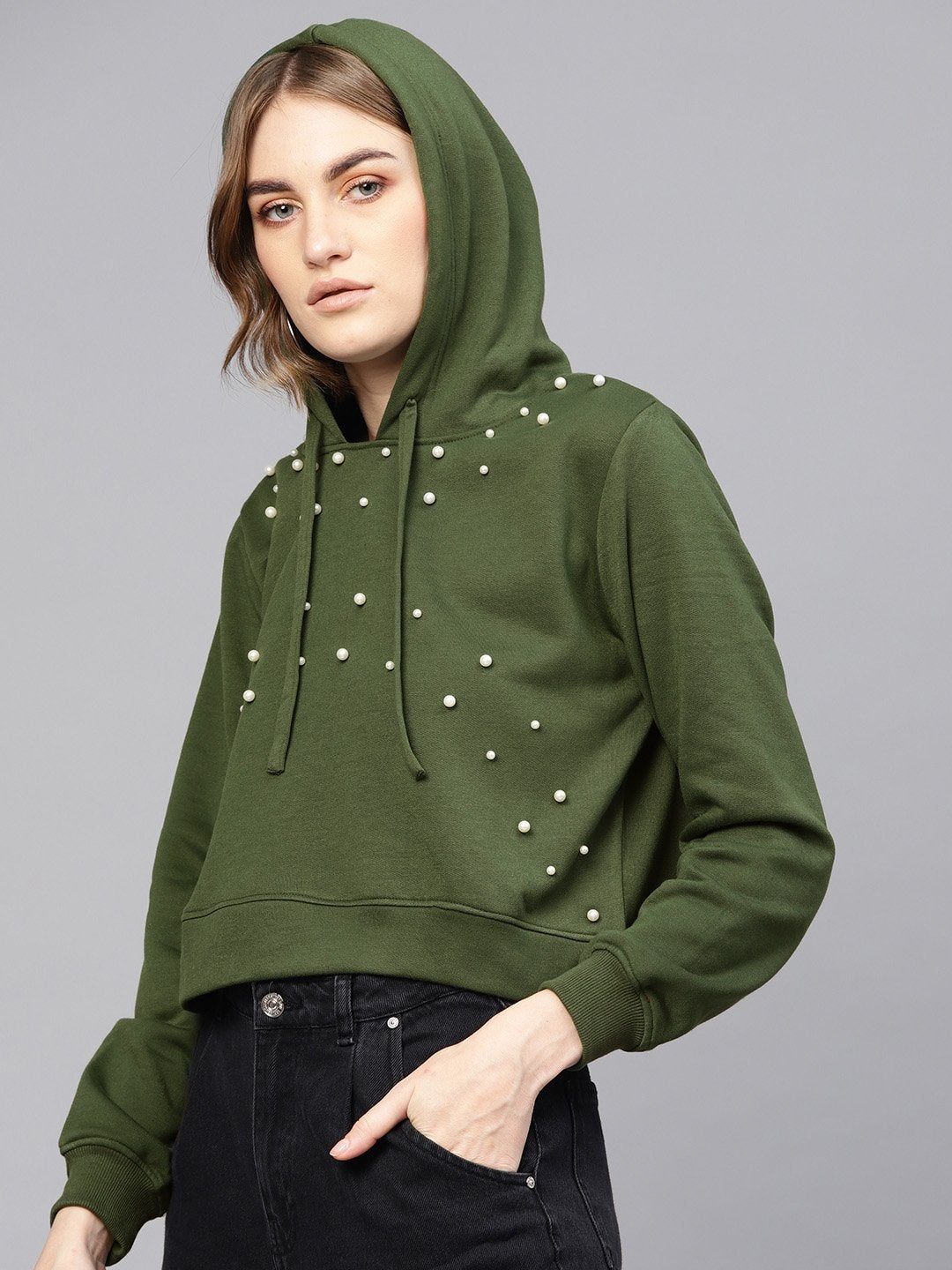 Women's Olive Pearl Front Crop Hoodie - SASSAFRAS