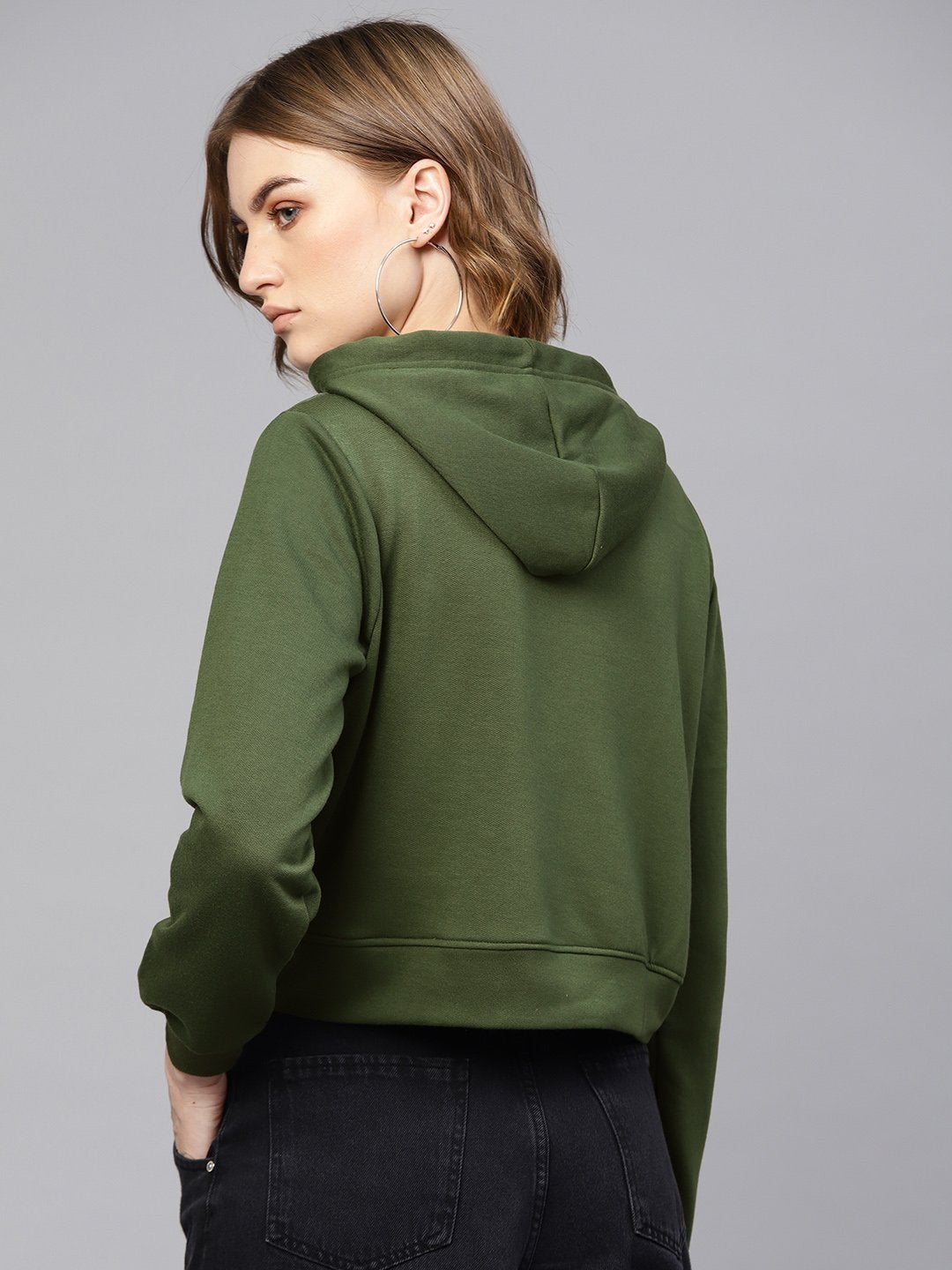 Women's Olive Pearl Front Crop Hoodie - SASSAFRAS