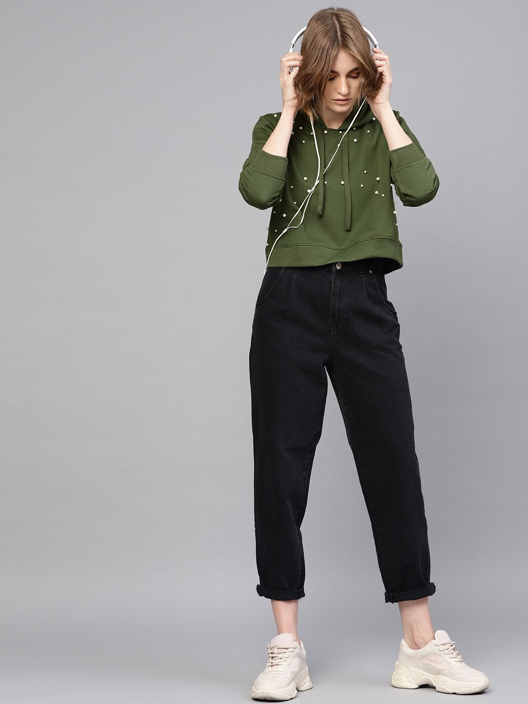 Women's Olive Pearl Front Crop Hoodie - SASSAFRAS