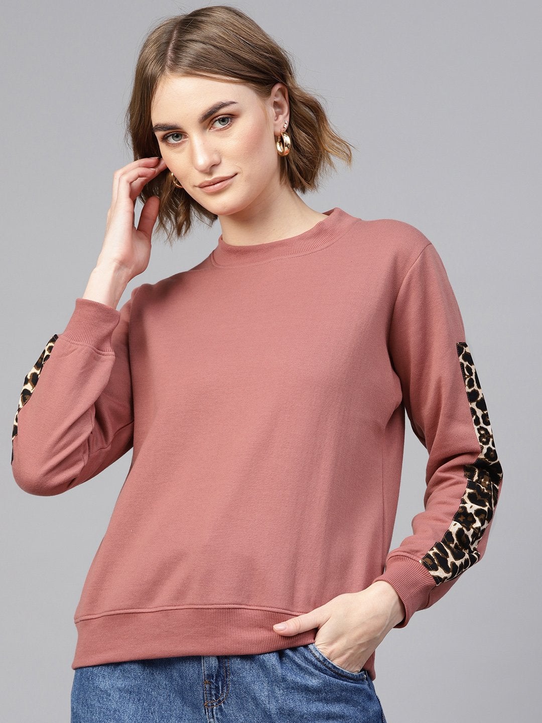 Women's Dusty Pink Cheetah Print Tape Sweatshirt - SASSAFRAS