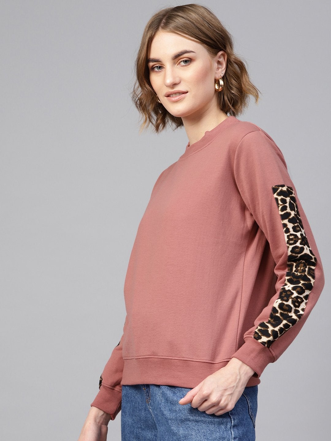 Women's Dusty Pink Cheetah Print Tape Sweatshirt - SASSAFRAS