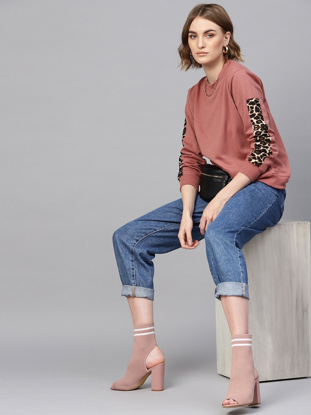 Women's Dusty Pink Cheetah Print Tape Sweatshirt - SASSAFRAS