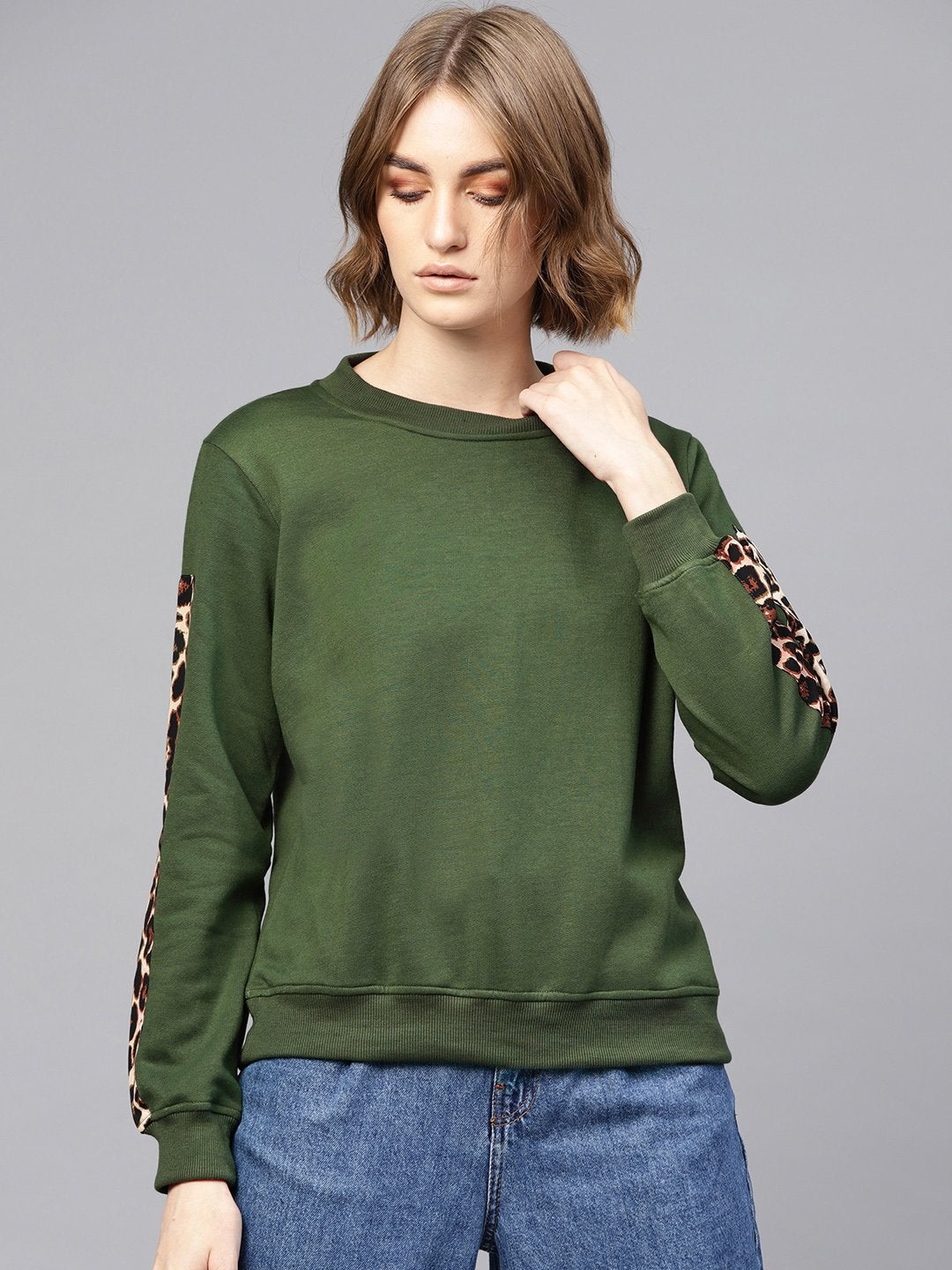 Women's Olive Cheetah Print Tape Sweatshirt - SASSAFRAS