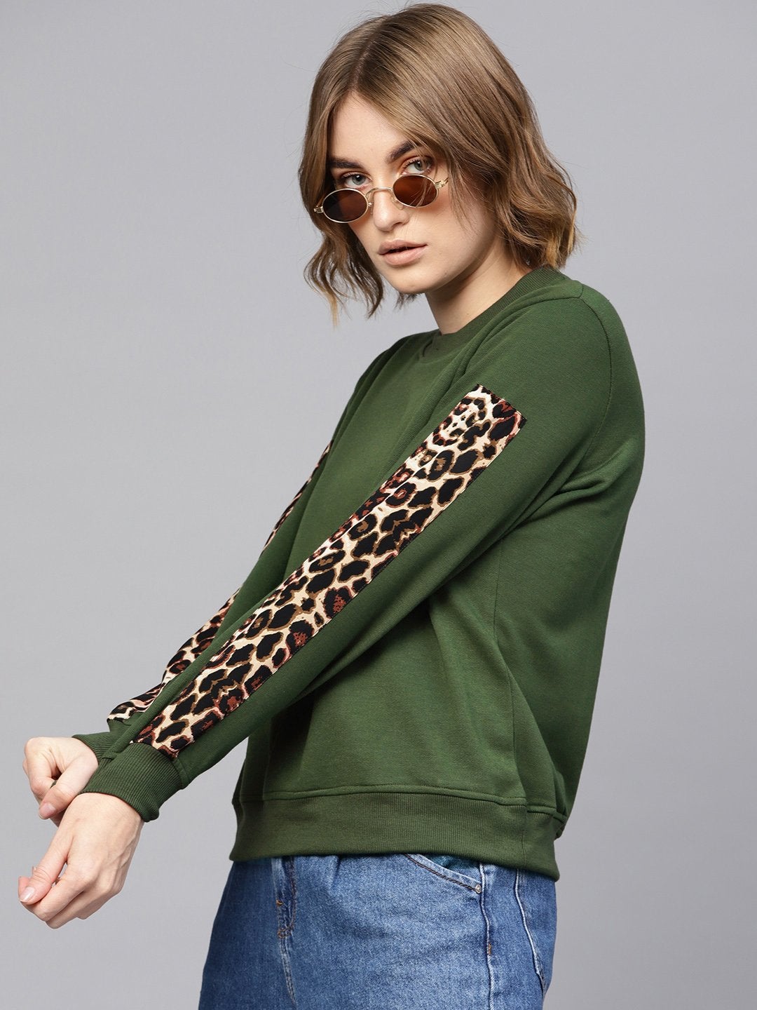 Women's Olive Cheetah Print Tape Sweatshirt - SASSAFRAS