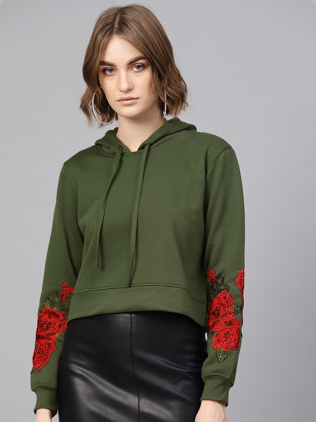 Women's Olive Floral Patch Crop Hoodie - SASSAFRAS