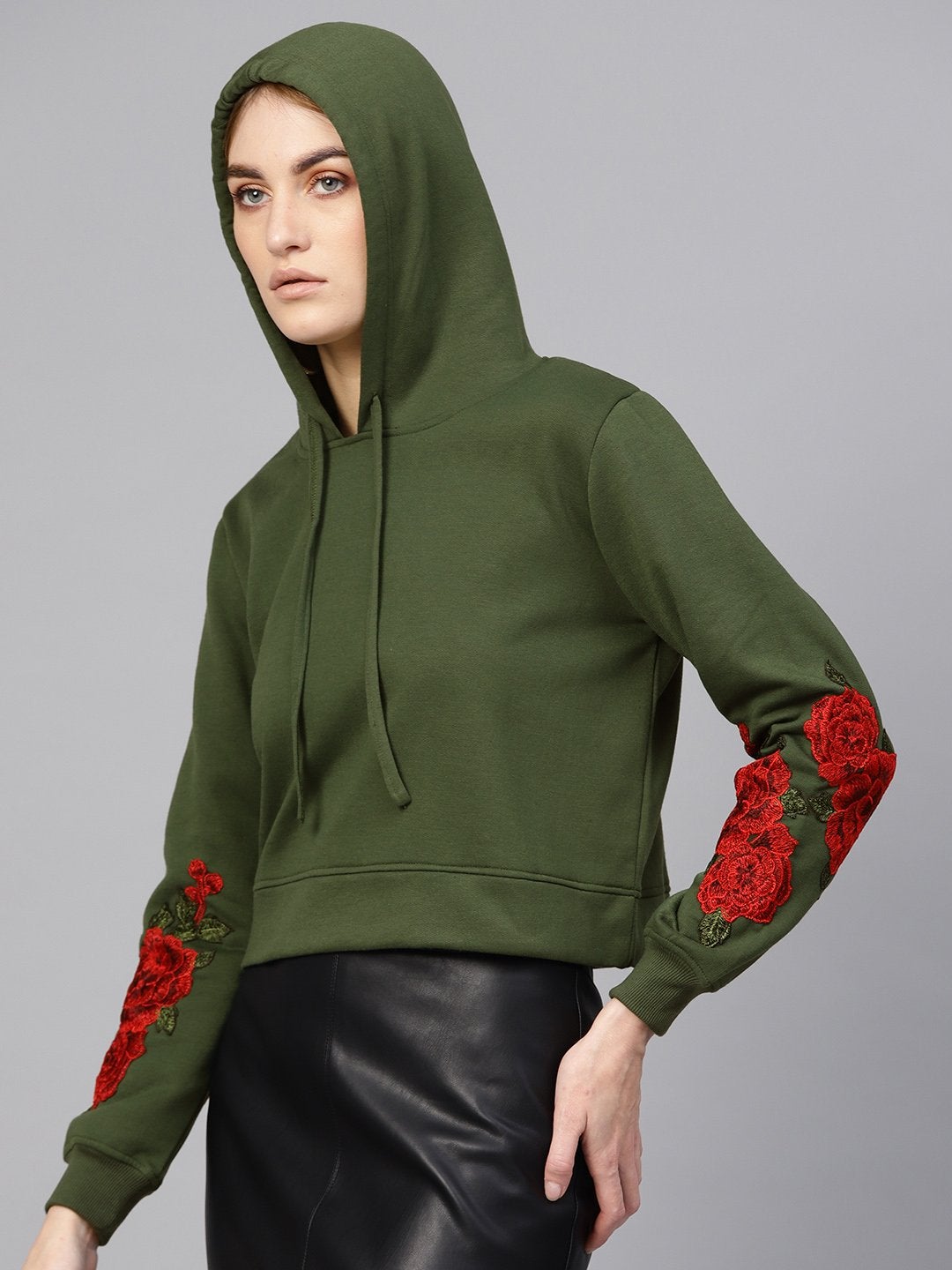 Women's Olive Floral Patch Crop Hoodie - SASSAFRAS