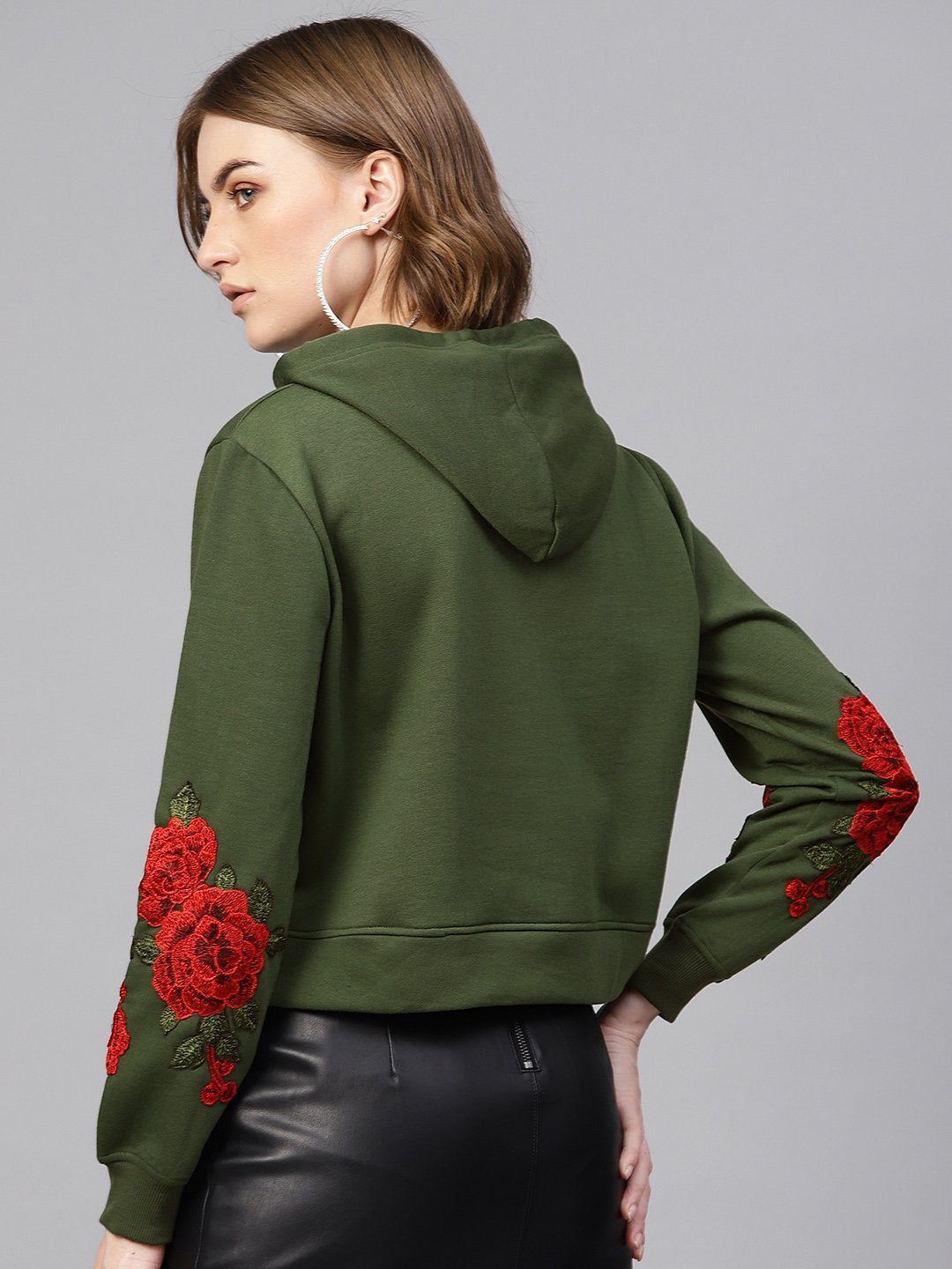 Women's Olive Floral Patch Crop Hoodie - SASSAFRAS