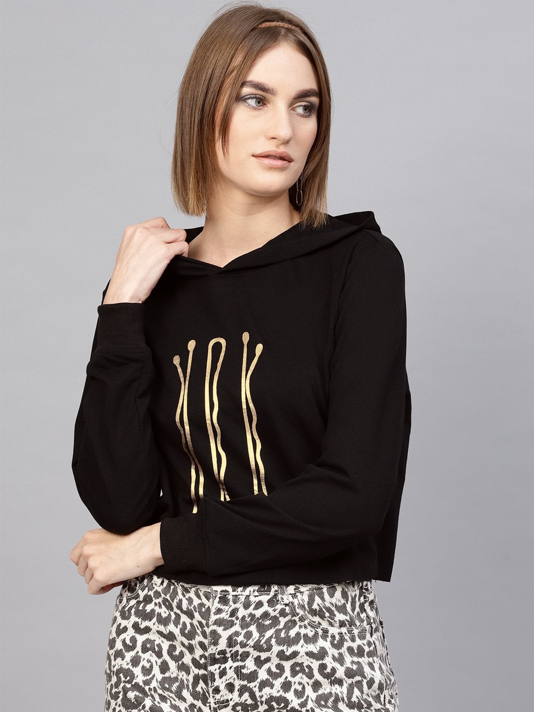 Women's Black Hair Pin Print Crop Hoodie - SASSAFRAS