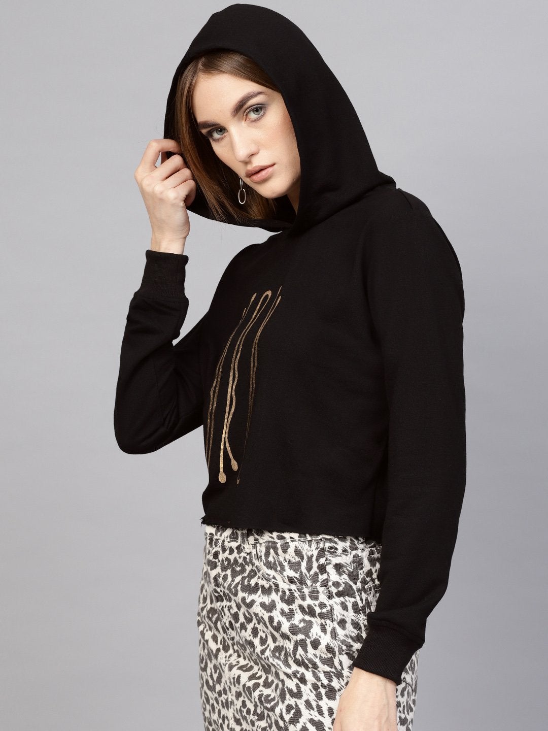 Women's Black Hair Pin Print Crop Hoodie - SASSAFRAS